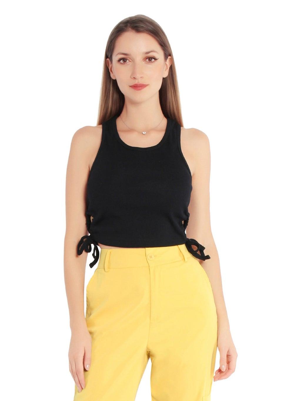 Black Cut-Out Ruched Drawstring Tank Crop Top - Image 1