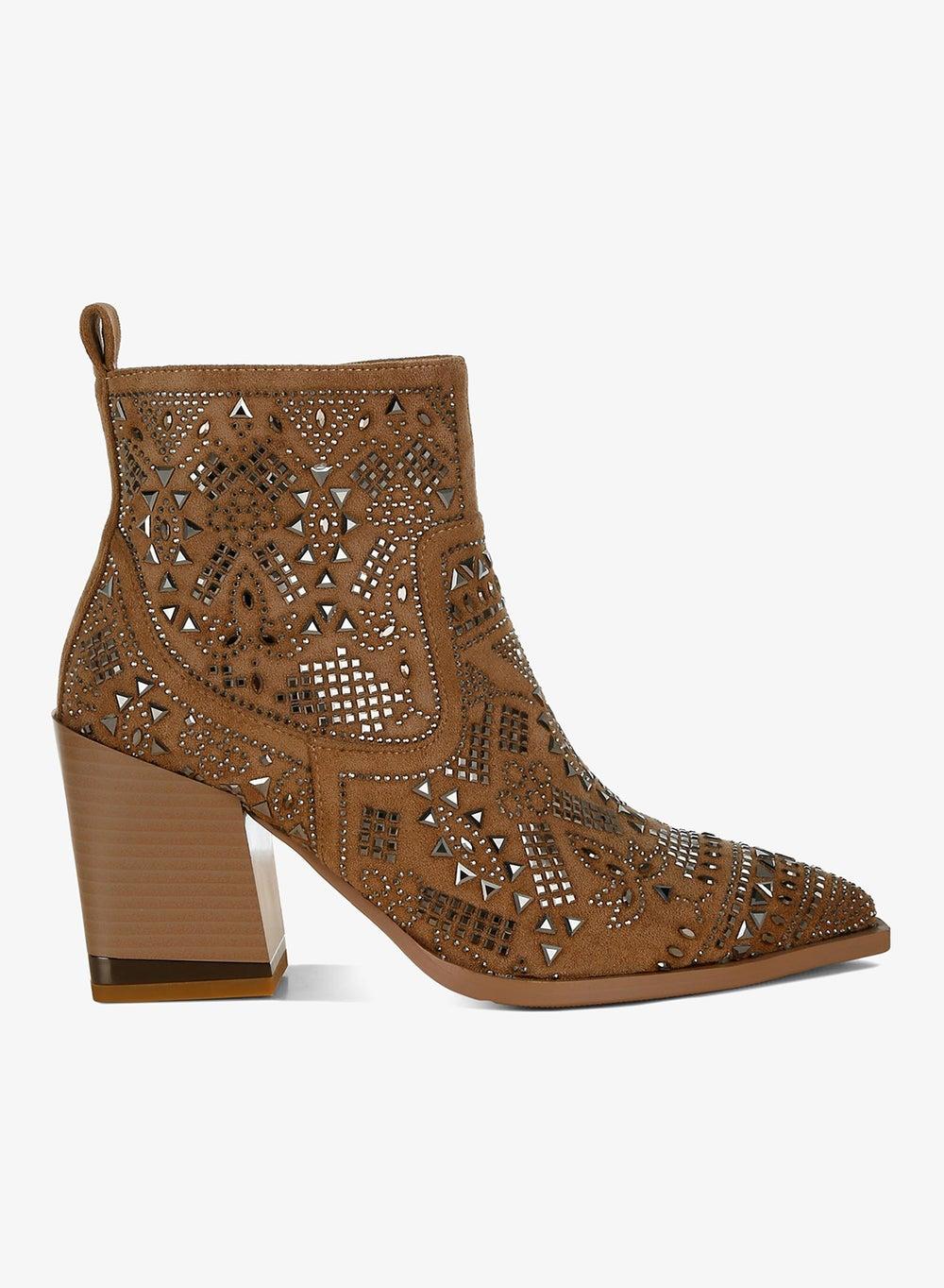 Brown Stud Embellished Ankle Boots - Image 1