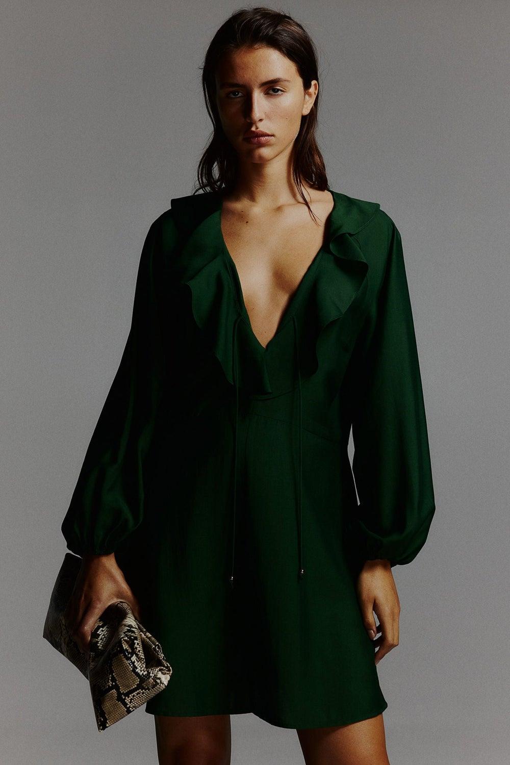 Flounce-Trimmed Mini Dress with Balloon Sleeves - Image 1