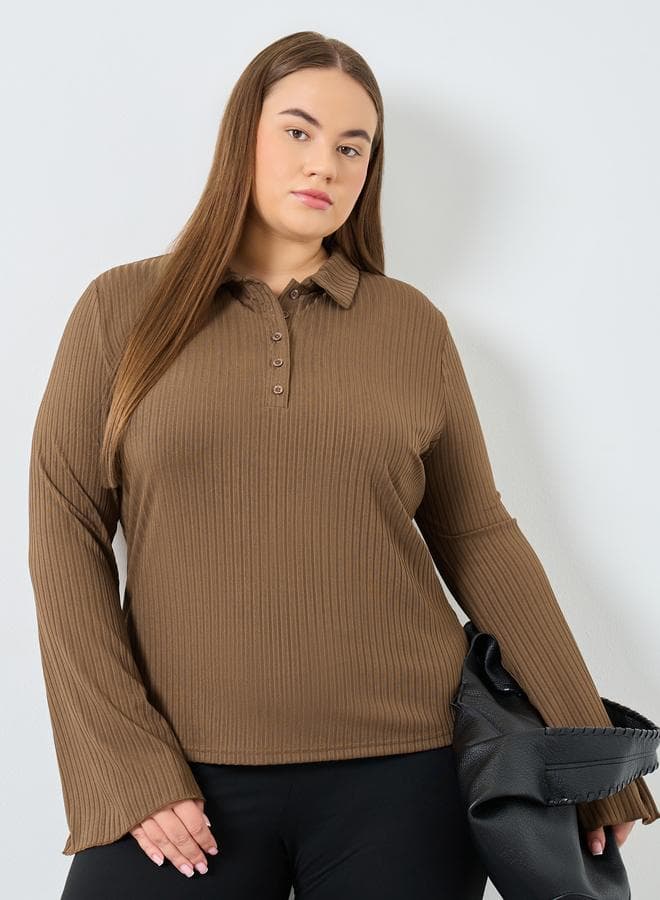 Styli Plus Size Brown Long Sleeve Polo T-Shirt - Image 1