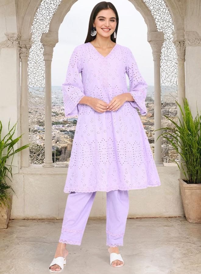 Blue Embroidered Cotton Kurta Set with Palazzo - Image 1