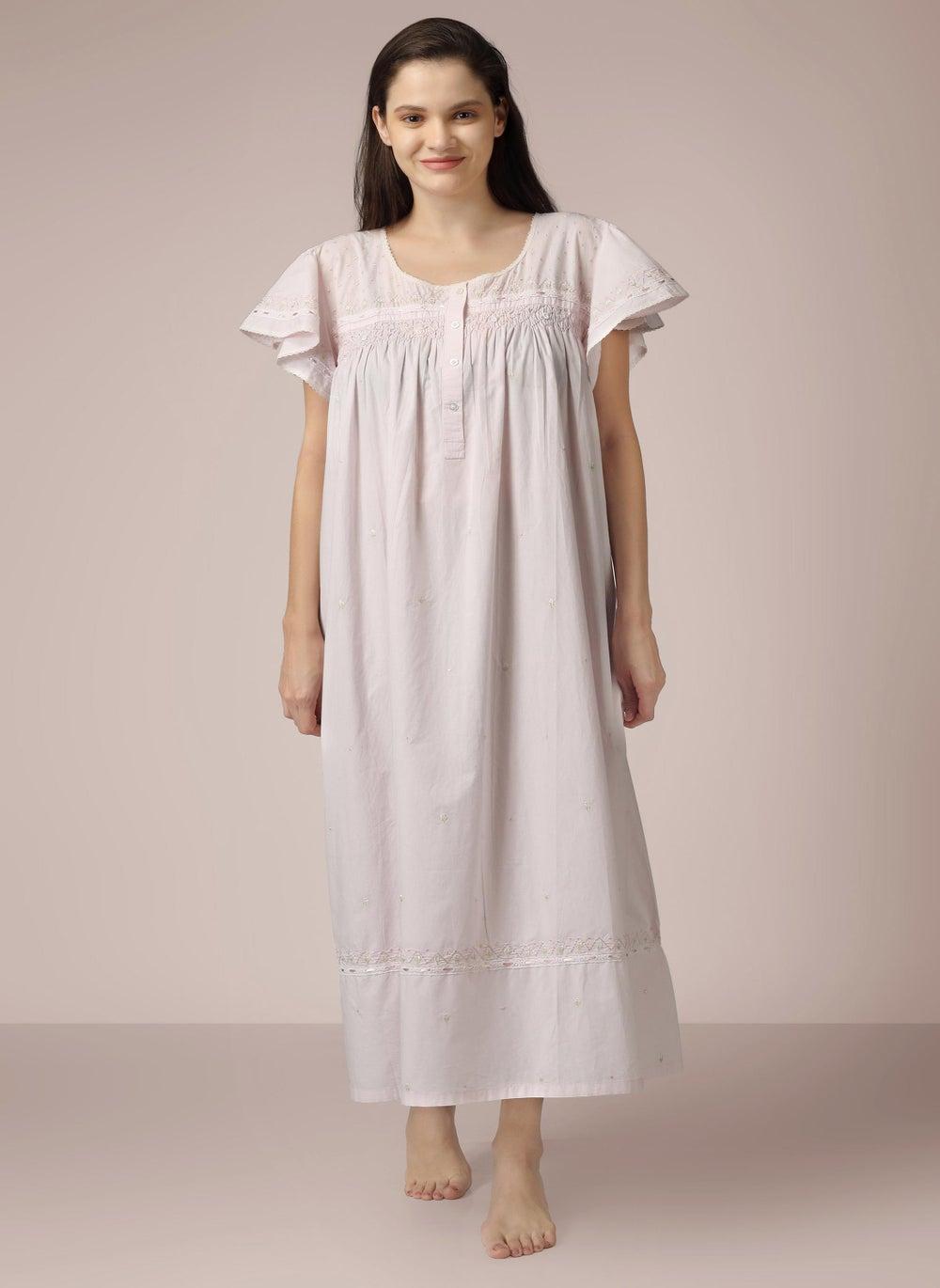 Ami Hand-Embroidered Cotton Pink Nightdress - Image 1