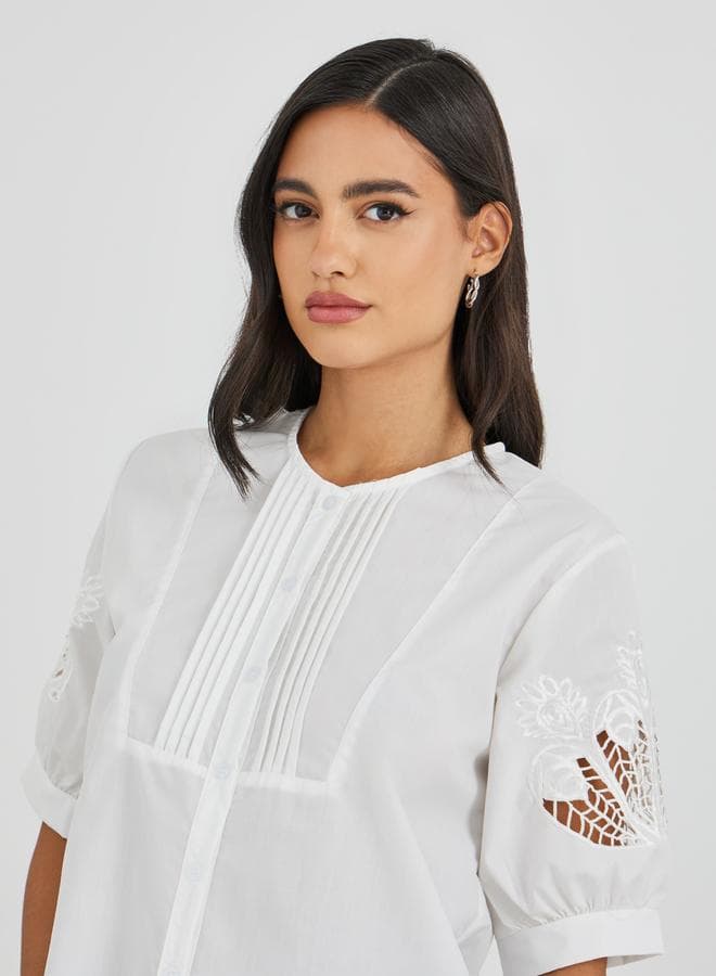 Solid Round Neck Buttoned Top for Women - Image 1