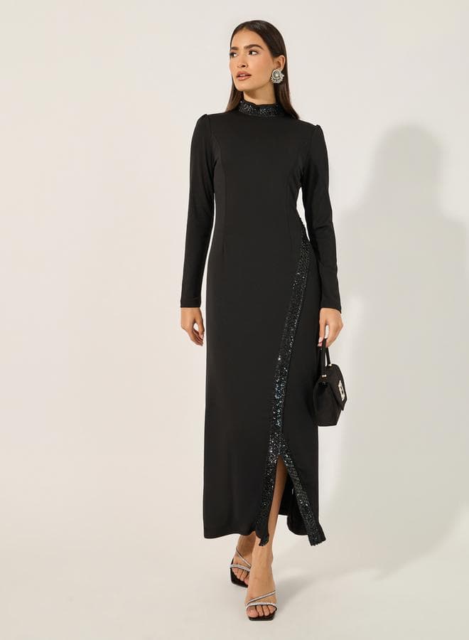 Embellished High Neck A-Line Maxi Dress with Front Slit - Image 1