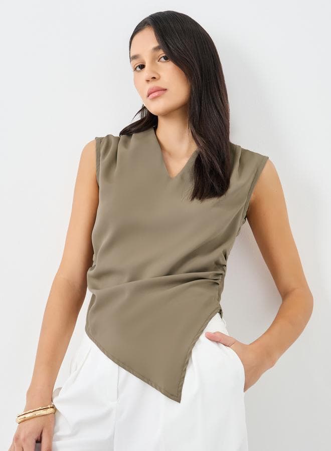 Styli Brown Asymmetric Hem V Neck Blouse for Women - Image 1