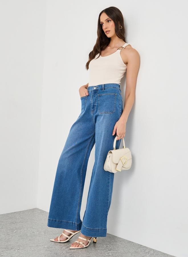 Mid Rise Wide Leg Jeans with Patch Pocket - Image 1