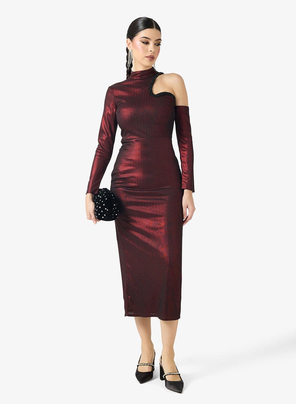 Off Shoulder Metallic Burgundy Evening Dress - Image 1
