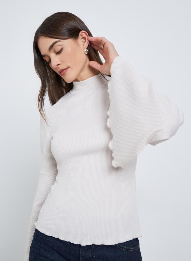Styli Off White Ribbed Knit Flared Sleeve Top - Image 1