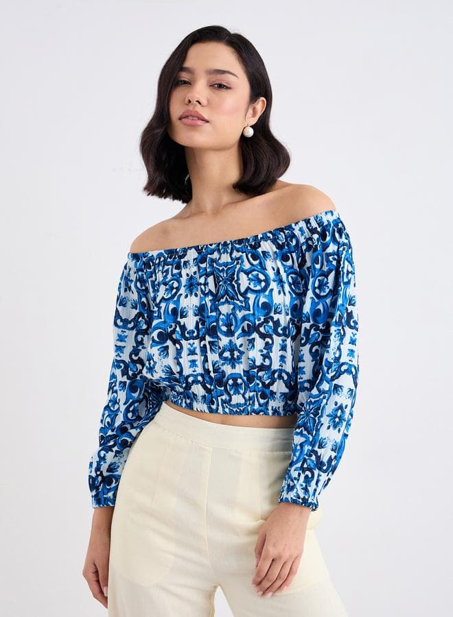 Women’s Blue Cotton Off-Shoulder Top - Image 1