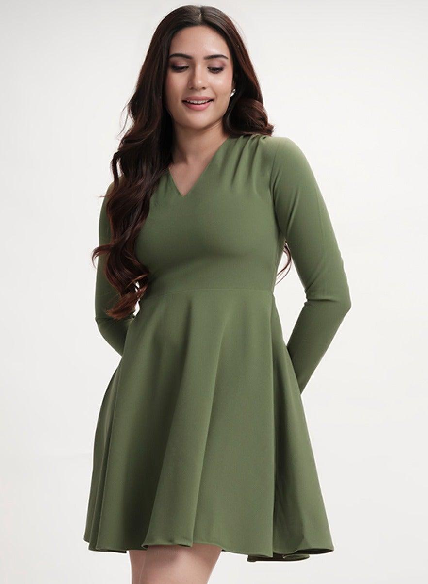 Olive Green V-Neck Fit and Flare Dress - Image 1