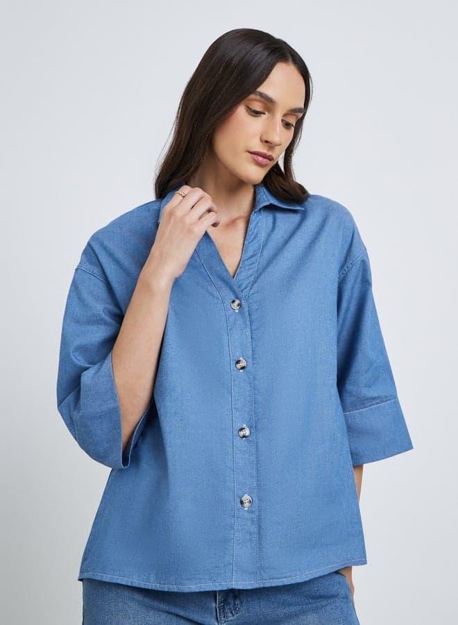 Styli Denim Spread Collar Buttoned Shirt - Image 1