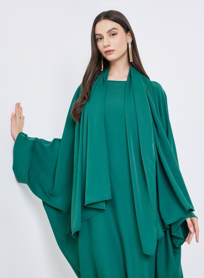 Solid Batwing Sleeve Abaya with Hijab Set - Image 1