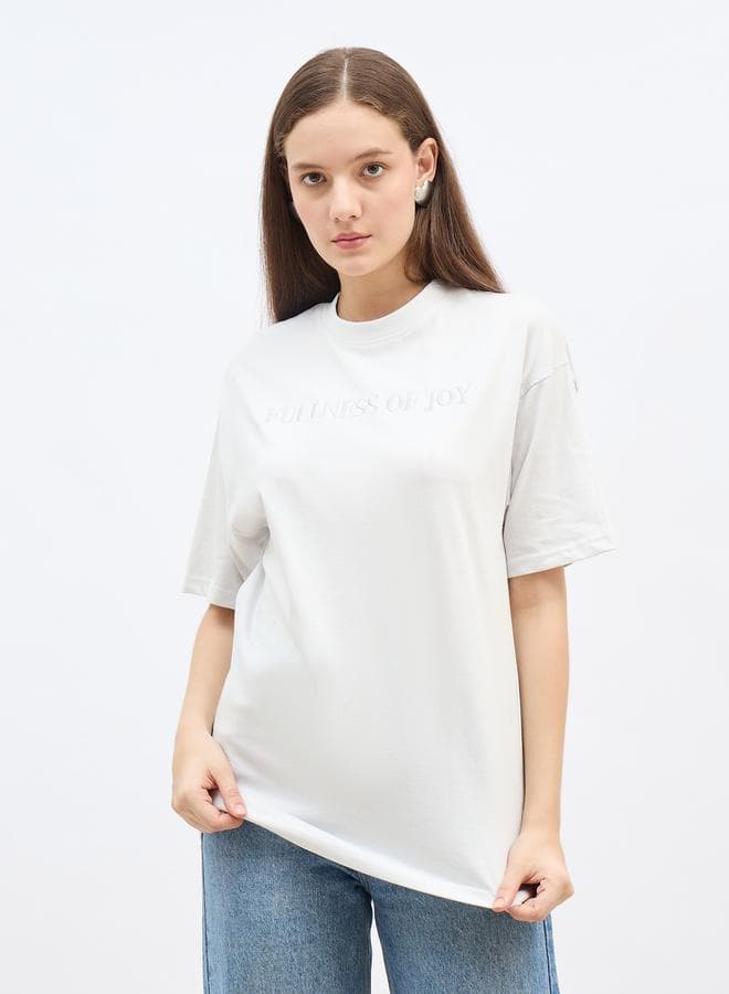 Grey Embroidered Slogan Oversized Cotton T-Shirt - Image 1