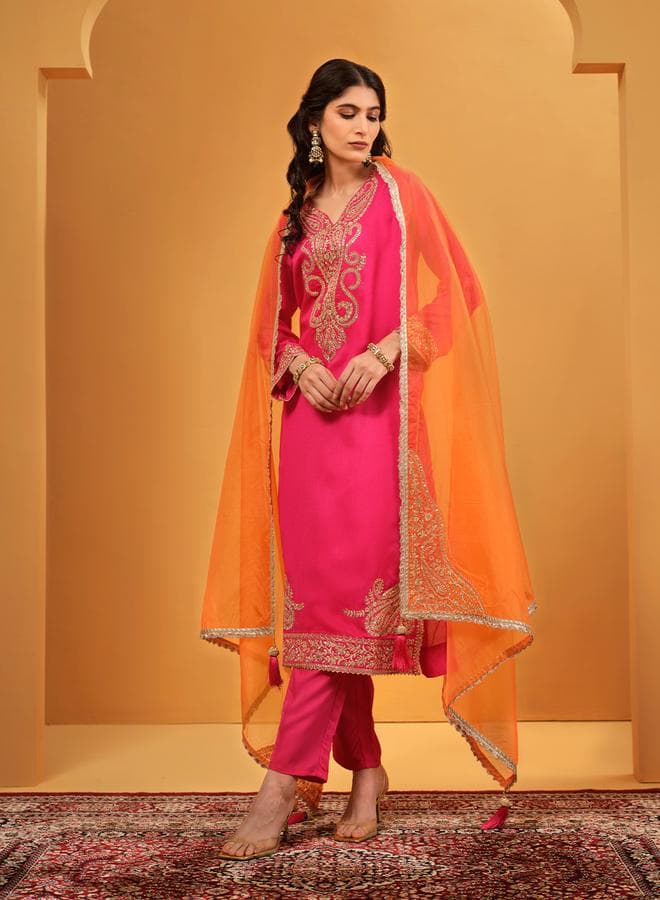 Pink Silk Blend Embellished 3 Piece Kurta Set - Image 1