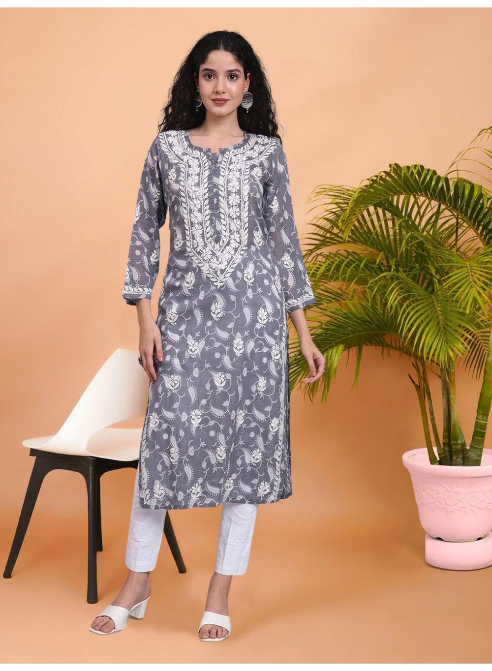 Hand Embroidered Chikankari Mulmul Cotton Kurta AL4072 - Image 1