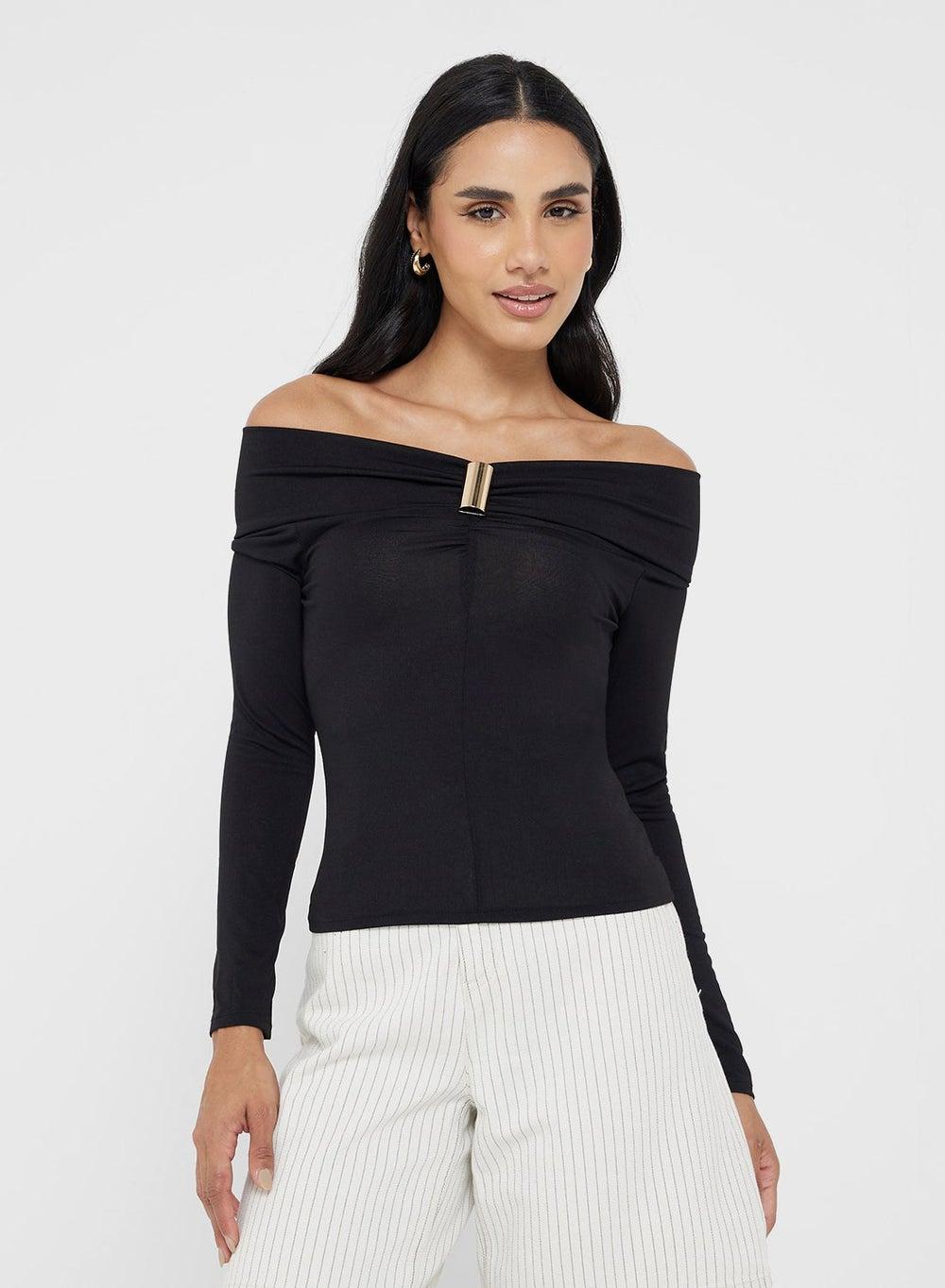 Off Shoulder Gather Detail Crop Top - Image 1