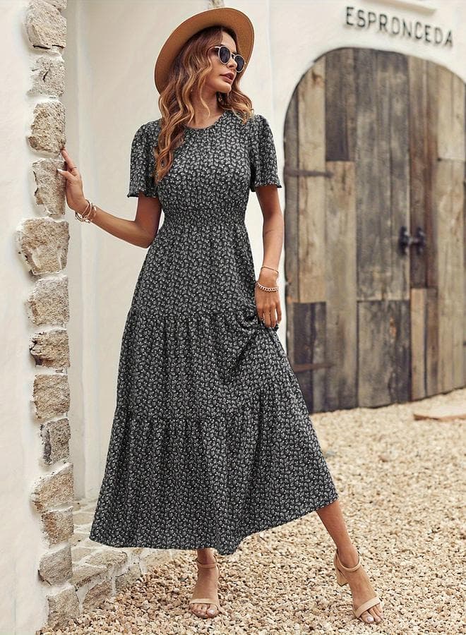 Floral Smocked Midi Dress with Round Neck - Image 1