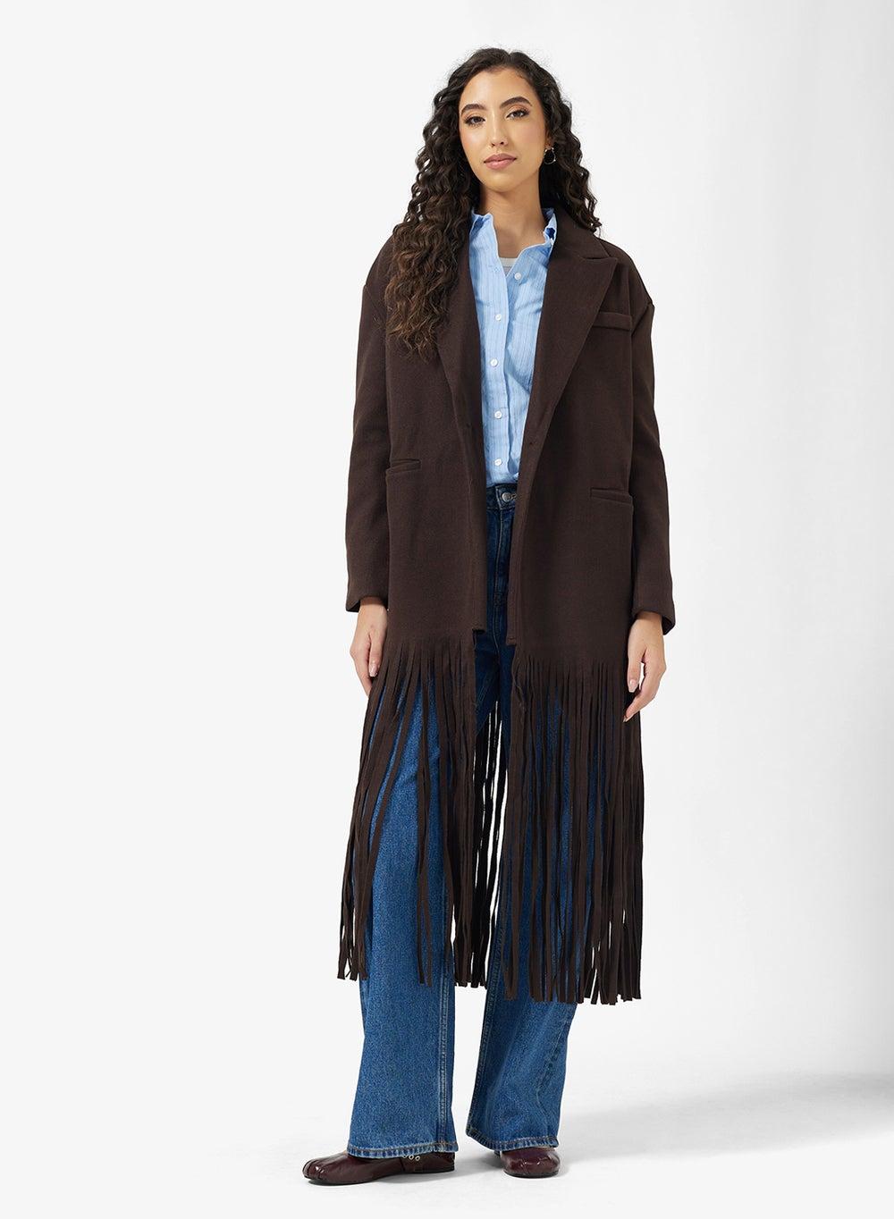 Oversize Longline Lapel Collar Jacket with Fringe Hem - Image 1
