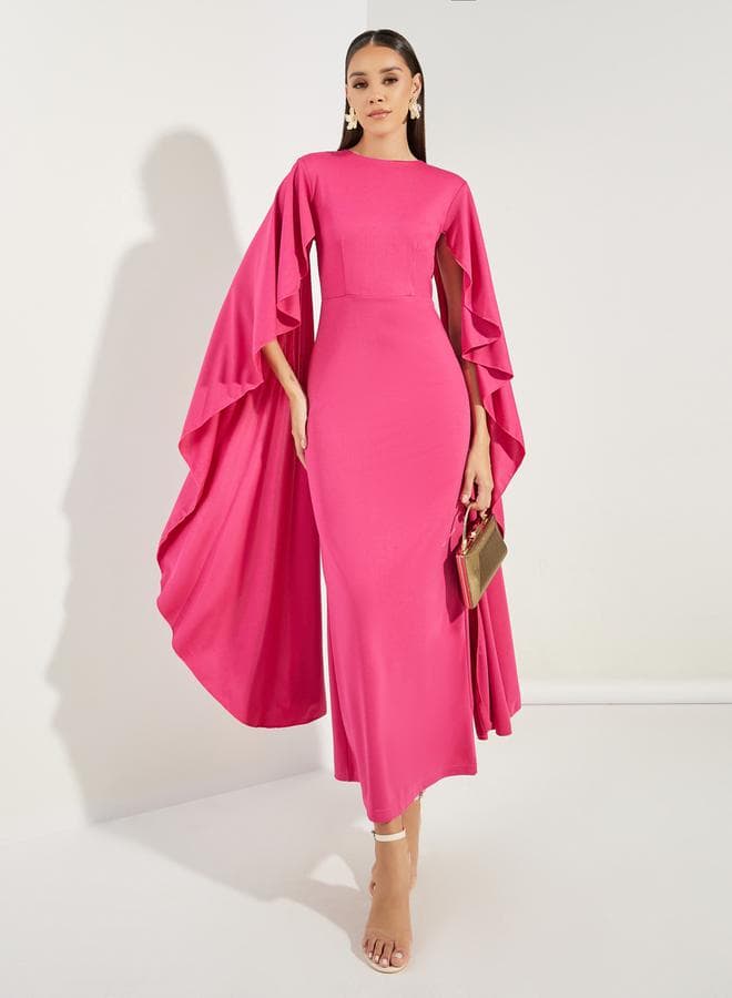 Bright Pink Cape Sleeve Midi Dress - Image 1