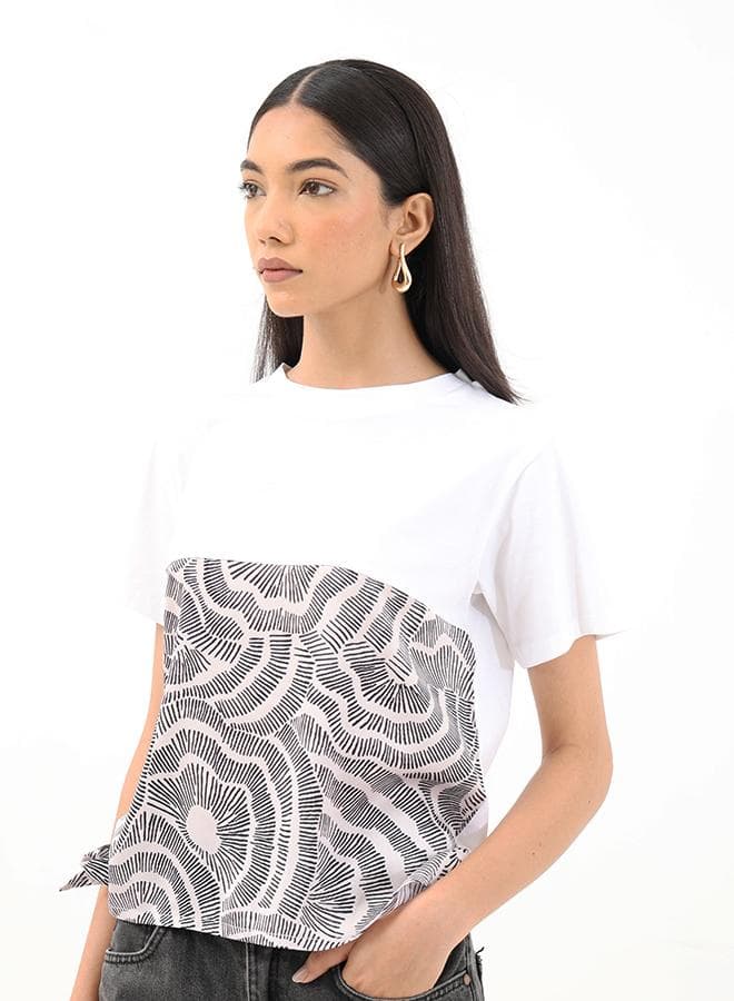 Scarf Print Crew Neck Cotton T-Shirt - Image 1