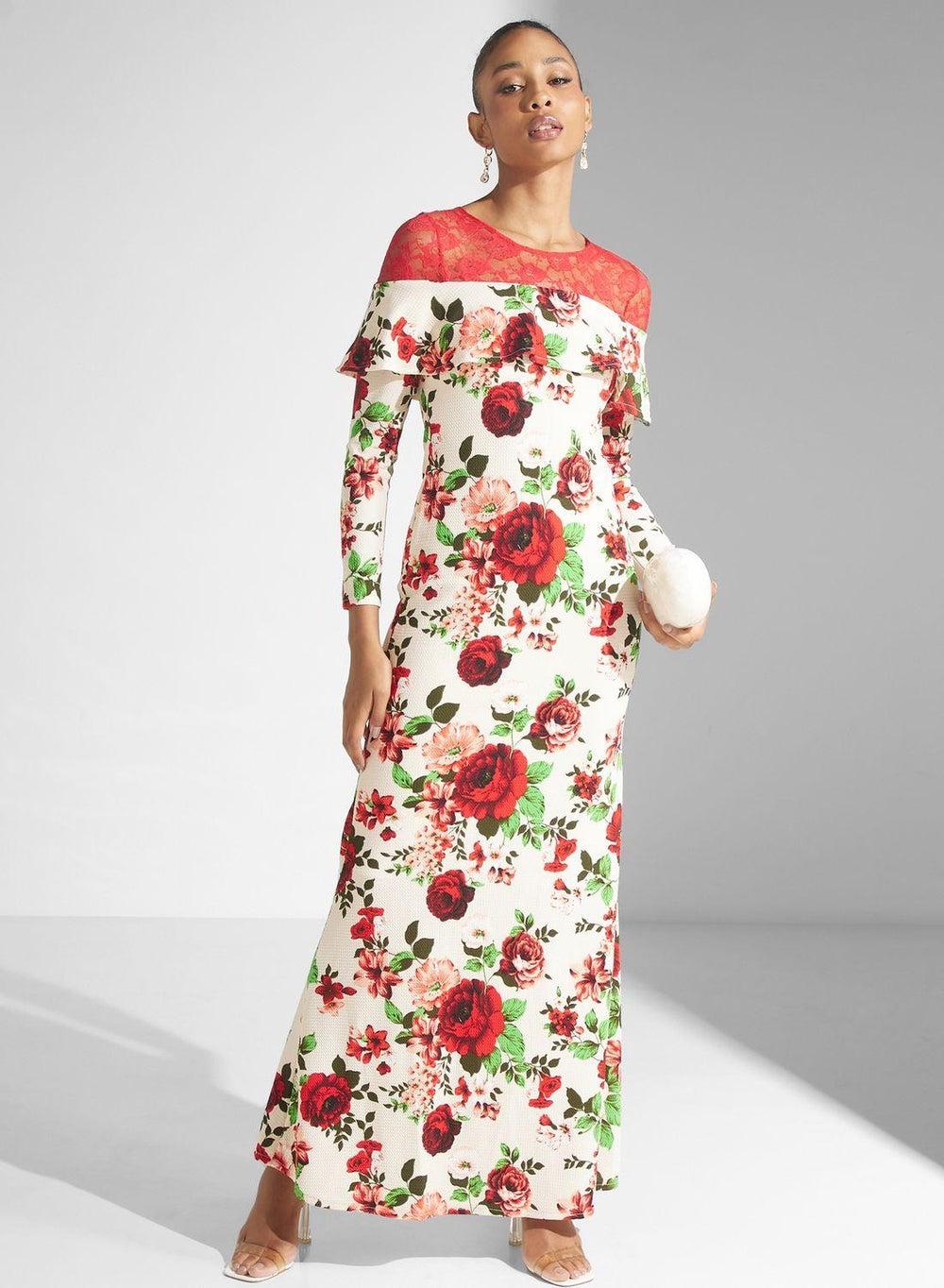 Ivory Floral Maxi Dress with Red Lace Yoke - Image 1