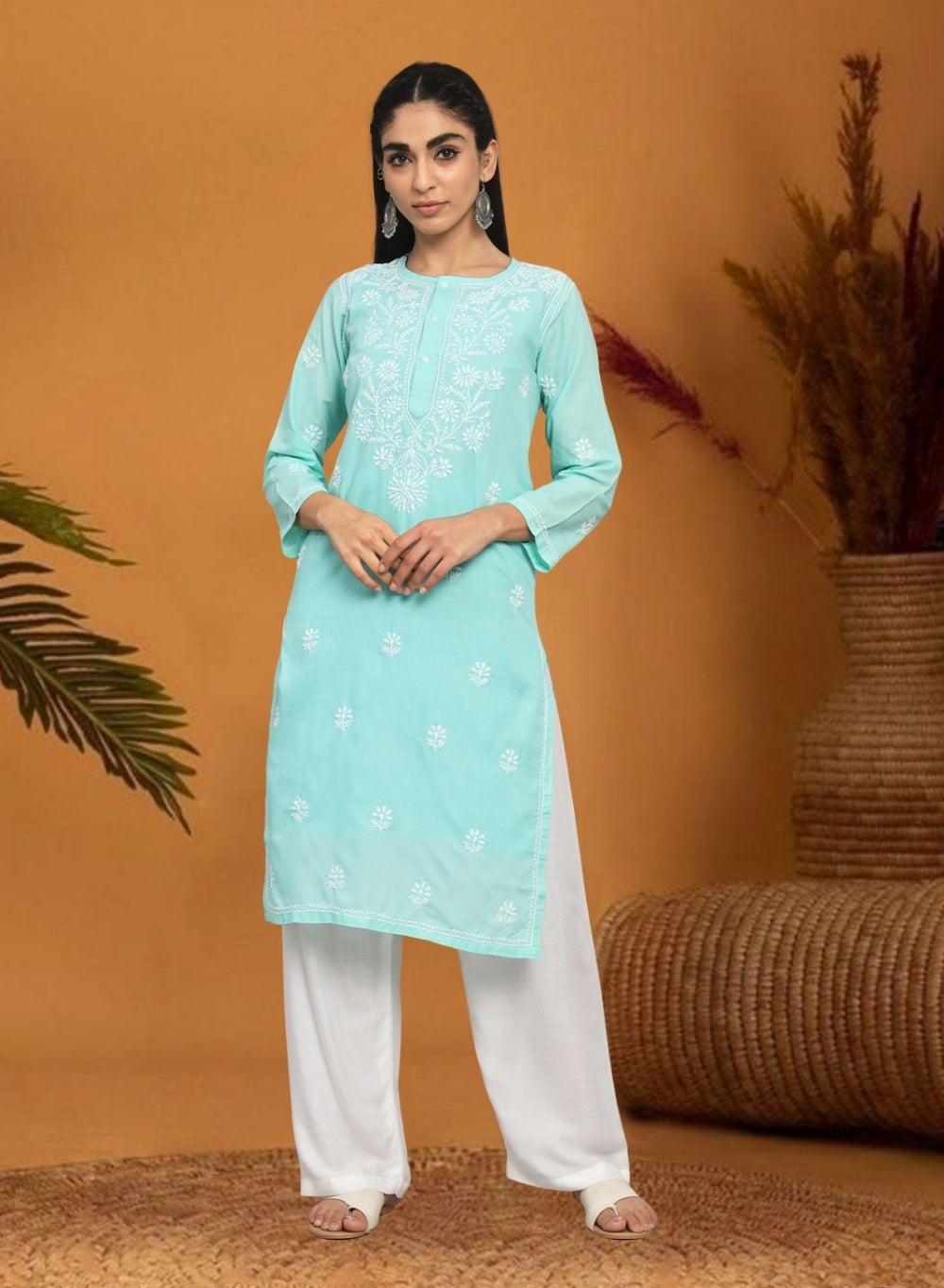 Hand Embroidered Chikankari Cotton Straight Kurta ALNTV115 - Image 1