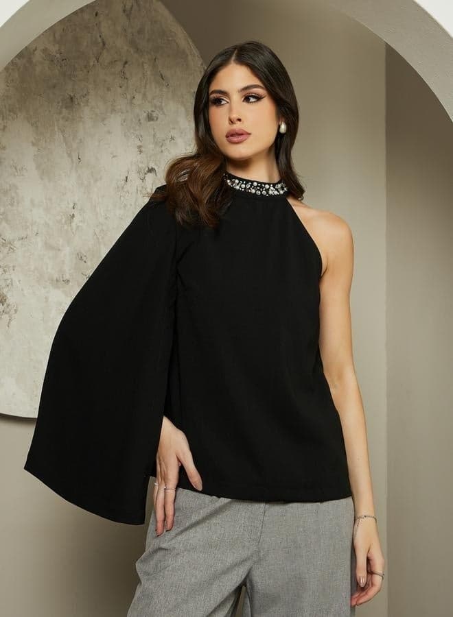 Embellished One-Shoulder Halter Neck Blouse - Image 1