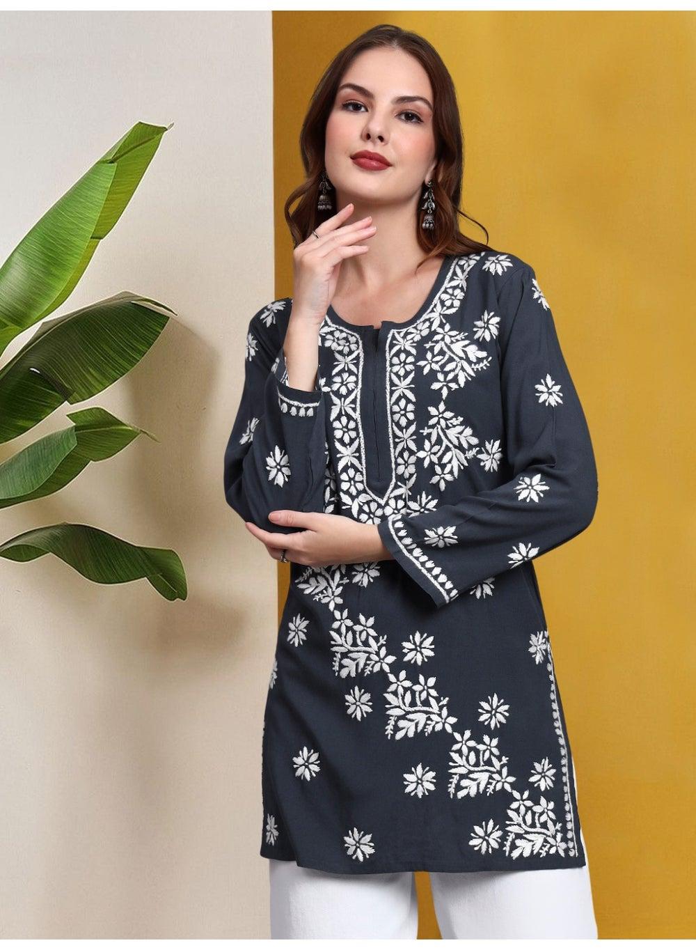 Women Chikankari Hand Embroidered Rayon Kurti AL4071 - Image 1