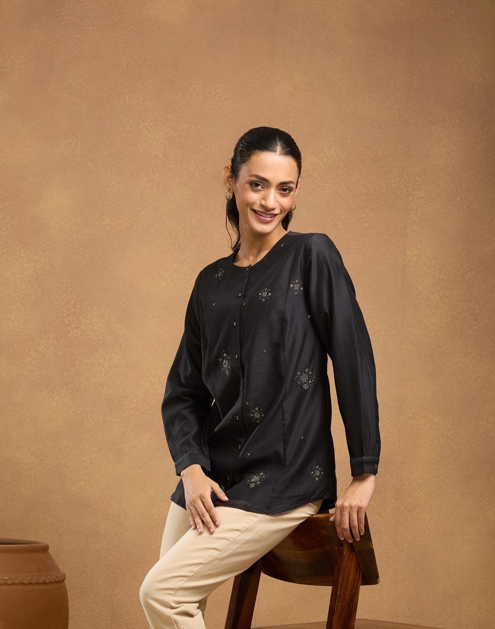 Black Cotton Silk Hand Embroidered Tunic - Image 1