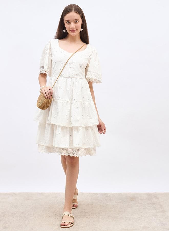 Styli Schiffli Trim Layered Knee-Length Dress - Image 1