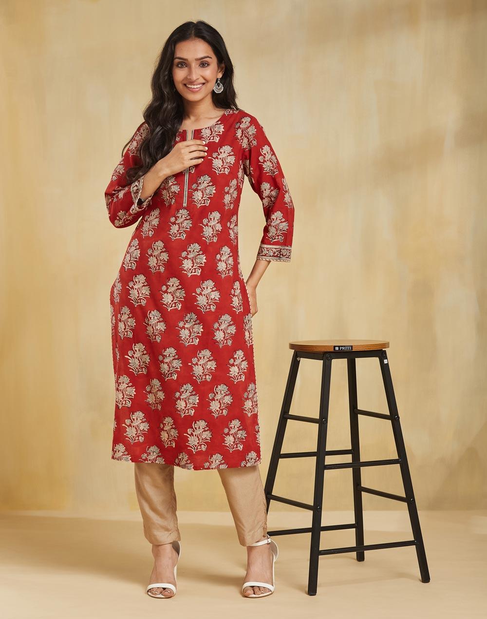 Maroon Cotton Printed Long Kurta - Image 1