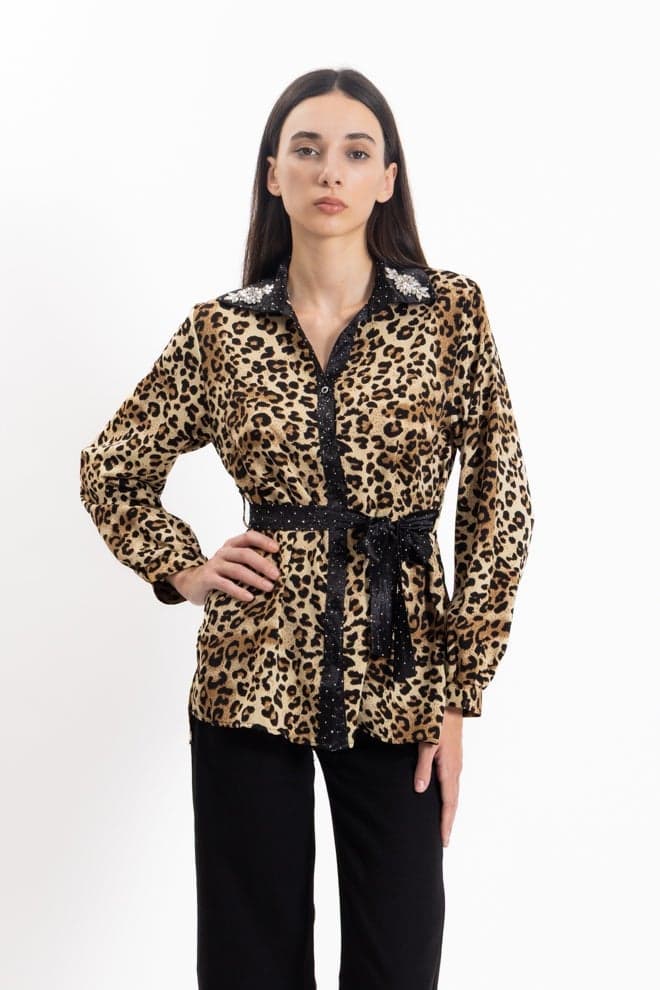 Detailed Animal Print Satin Shirt - Image 1