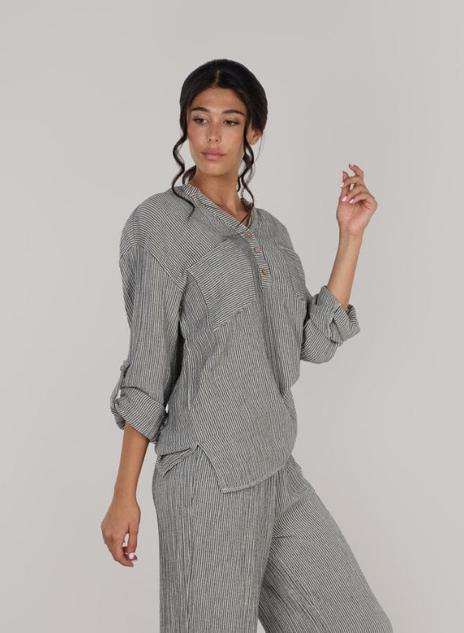 Relaxed V-Neck Long Sleeve Cotton Tunic Top - Image 1