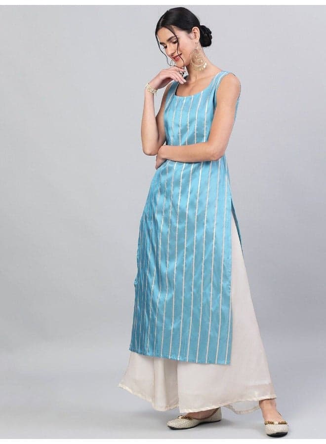 Blue Gold Zari Stripes Straight Sleeveless Kurta - Image 1
