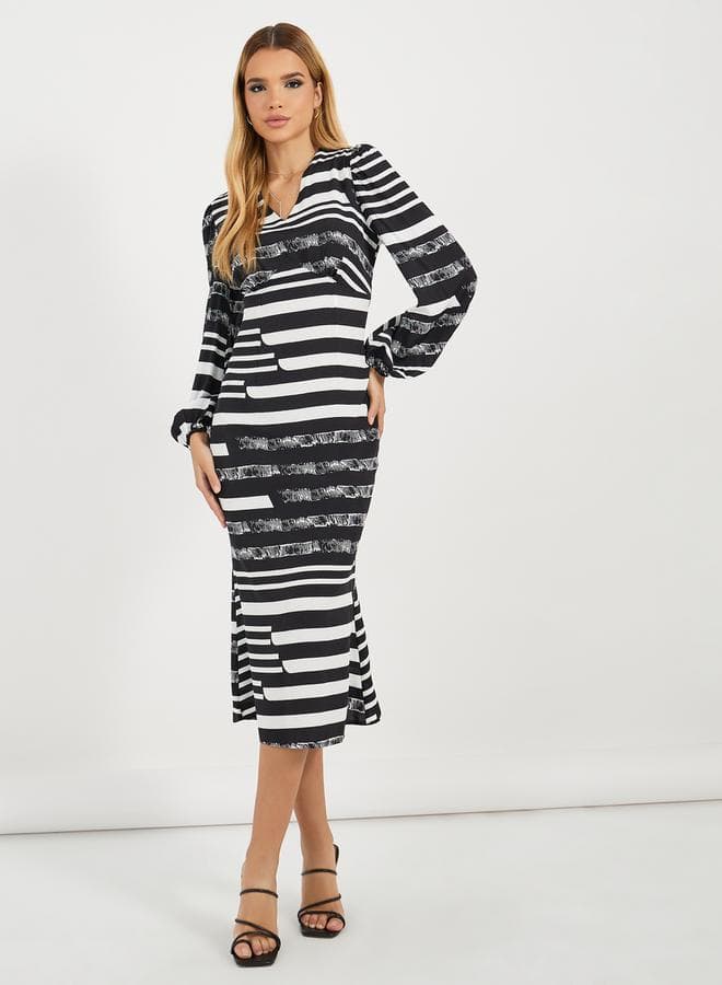 Striped Long Sleeve Midi Dress - Image 1