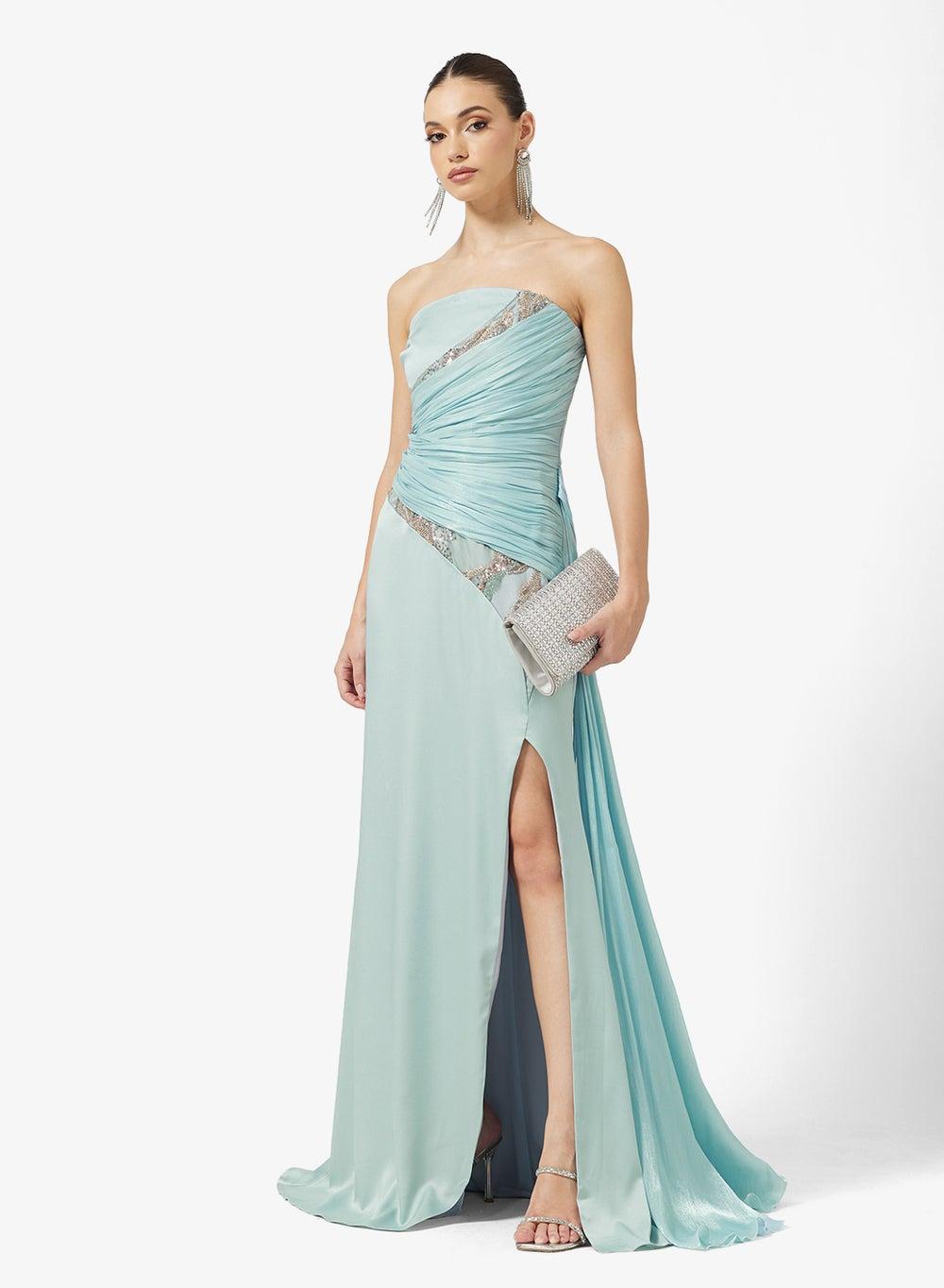 Off Shoulder Draped Embellished Maxi Dress with Trail - Image 1