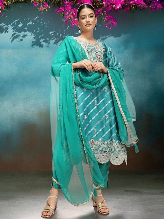 Women’s Green Embellished Nylon Blend Straight Fit Kurta Set - Image 1