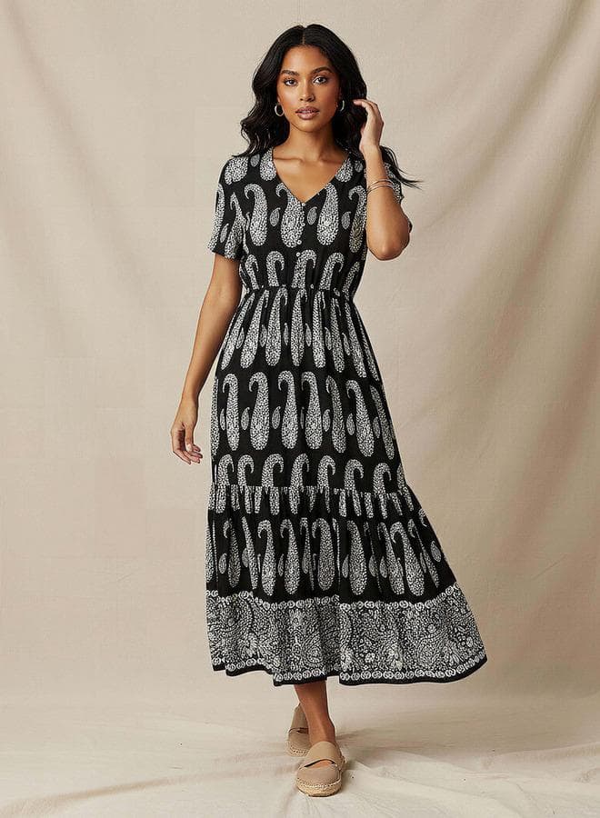 Paisley Print Tiered Short Sleeve Maxi Dress - Image 1