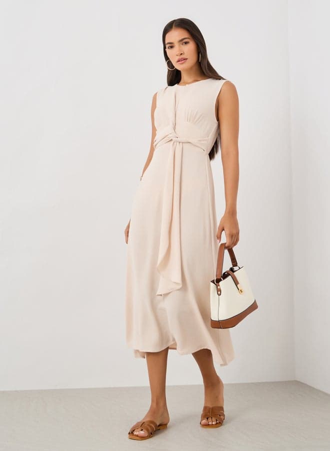 Tie Front Sleeveless A-Line Midi Dress - Image 1