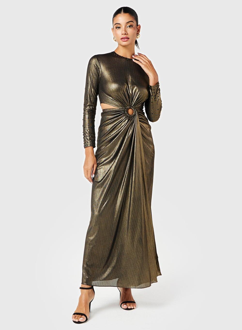Metallic Gold Cutout Maxi Dress with Ring Detail - Image 1