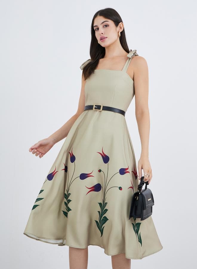 Printed Strappy A-Line Midi Dress with Belt - Image 1