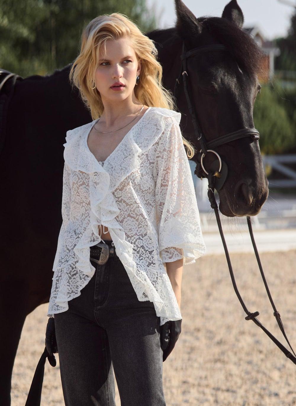 Openwork Blouse with Voluminous Flounce Collar - Image 1