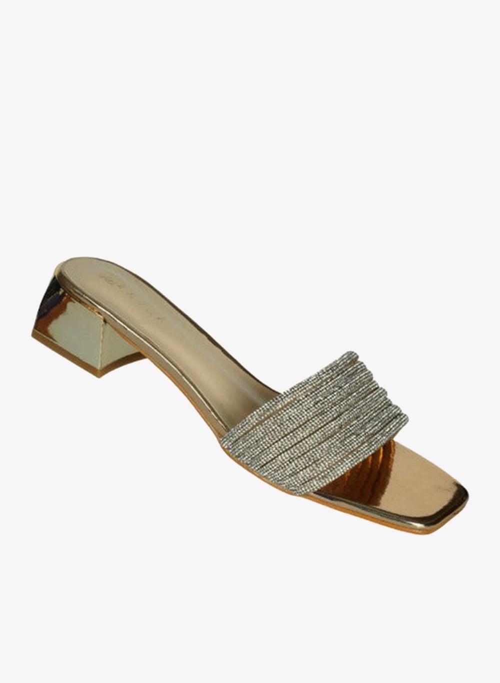 221-51 Zayna Gold Mid Heel Slip-On Sandals - Image 1