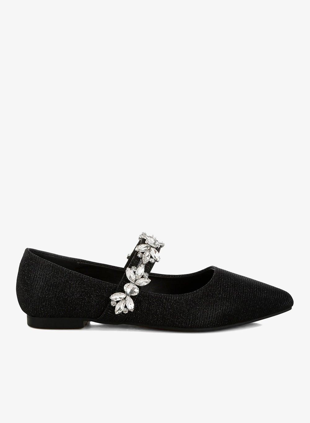 Black Diamante Brooch Glitter Ballerinas - Image 1
