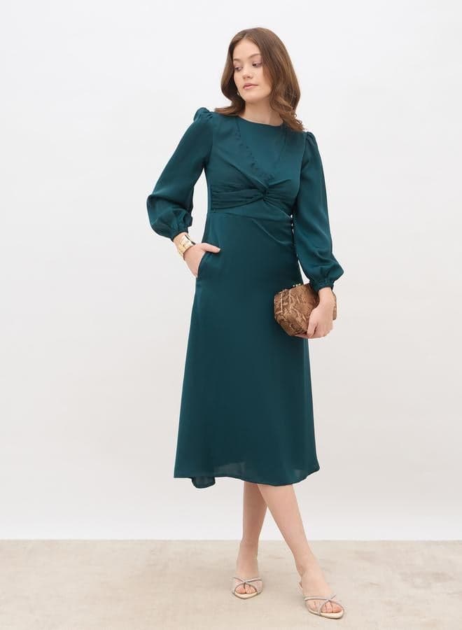 Styli Women Teal Satin Knot Front Midi Dress - Image 1