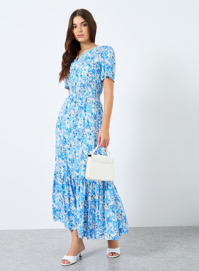 Styli Floral Print Tiered Blue Maxi Dress - Image 1