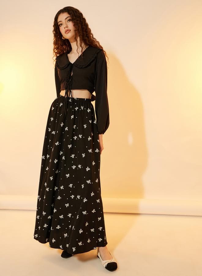 All Over Bow Print A-Line Maxi Skirt - Image 1