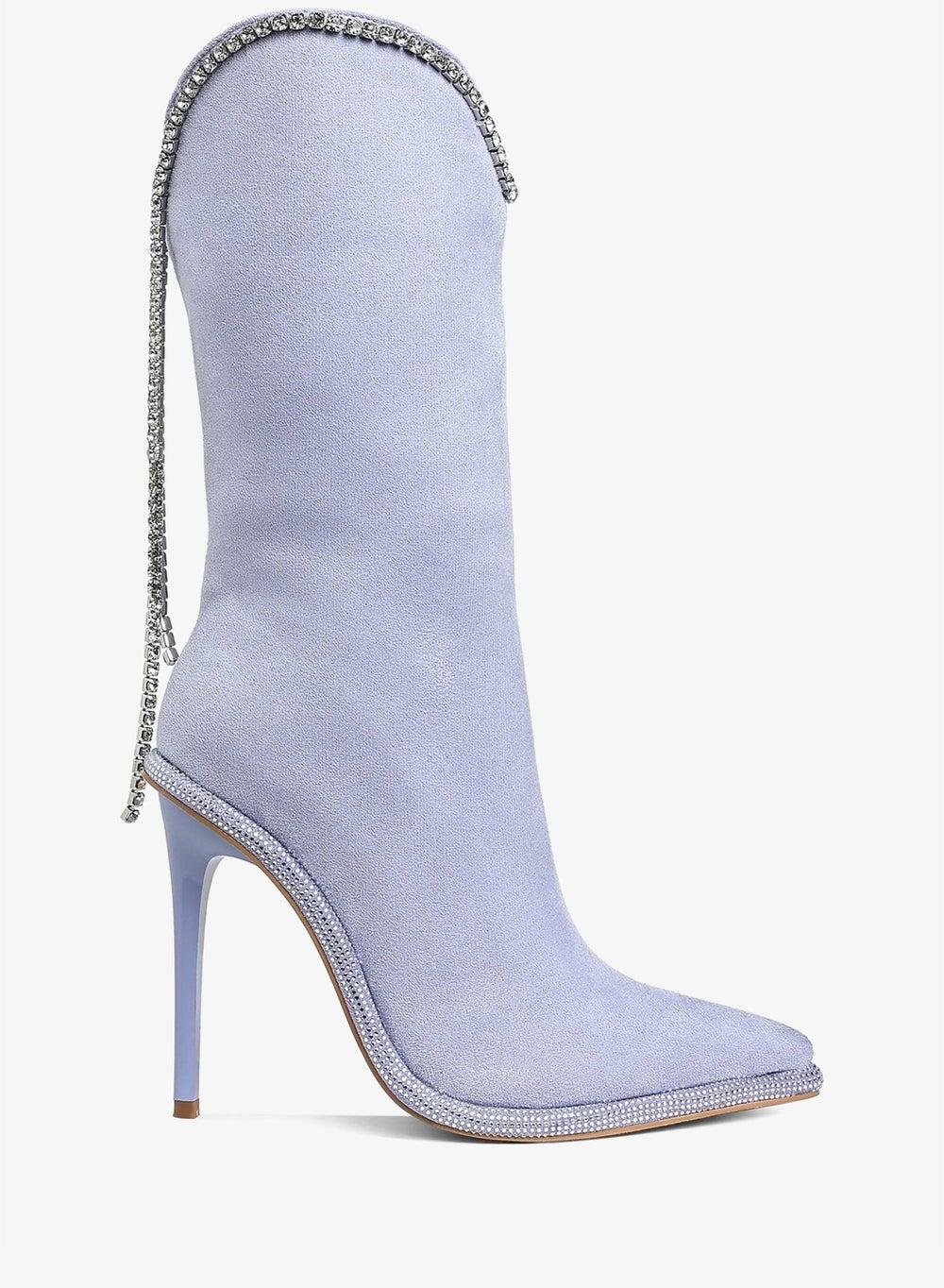 Lilac Diamante Chain Detail Calf Boots - Image 1