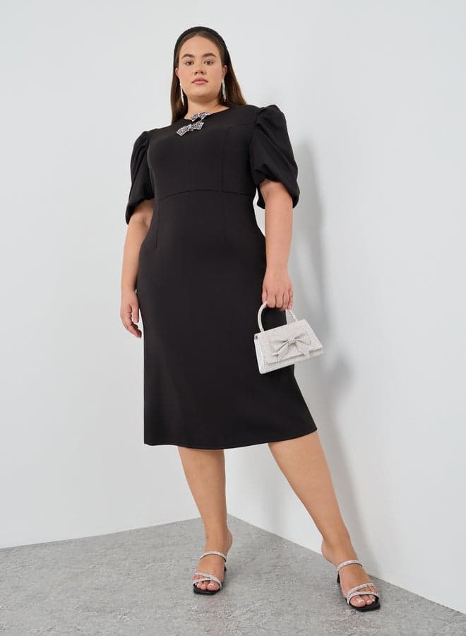 Plus Size Embellished Puff Sleeve Sheath Midi Dress - Image 1