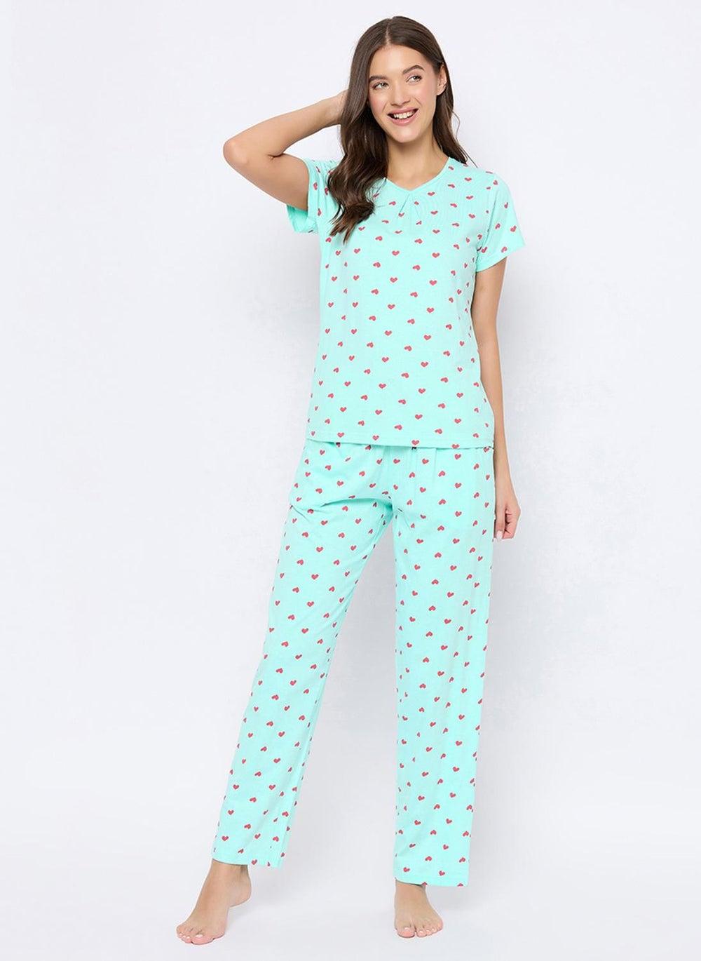 Clovia Heart Print Baby Blue Cotton Top & Pyjama Set - Image 1